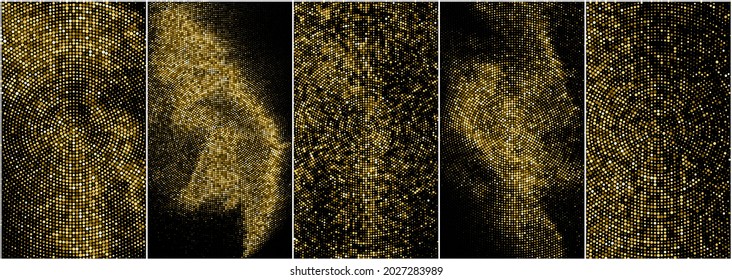 Set of Gold Glitter Halftone Dotted Backdrop. Abstract Circular Retro Pattern. Pop Art Style Background. Golden Explosion of Confetti. Digitally Generated Image. Vector Illustration, EPS 10.  