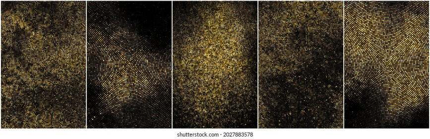 Set of Gold Glitter Halftone Dotted Backdrop. Abstract Circular Retro Pattern. Pop Art Style Background. Golden Explosion of Confetti. Digitally Generated Image. Vector Illustration, EPS 10.  