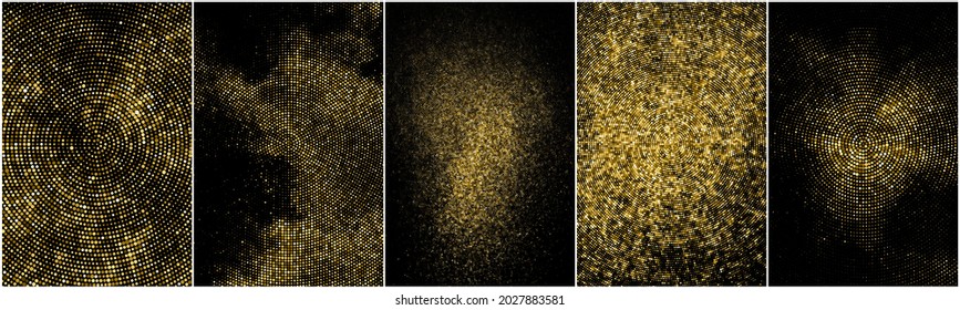 Set of Gold Glitter Halftone Dotted Backdrop. Abstract Circular Retro Pattern. Pop Art Style Background. Golden Explosion of Confetti. Digitally Generated Image. Vector Illustration, EPS 10.  