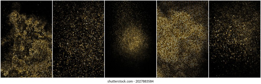 Conjunto de fondo con puntos de semitono de brillo dorado. Resumen del patrón retro circular. Fondo del estilo de arte pop. Explosión dorada de Confetti. Imagen Generada Digitalmente. Ilustración vectorial, EPS 10.  