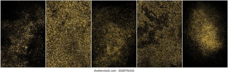 Set of Gold Glitter Halftone Dotted Backdrop. Abstract Circular Retro Pattern. Pop Art Style Background. Golden Explosion of Confetti. Digitally Generated Image. Vector Illustration, EPS 10.  