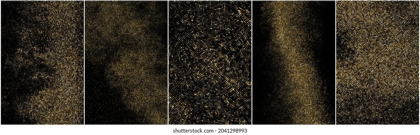 Conjunto de fondo con puntos de semitono de brillo dorado. Resumen del patrón retro circular. Fondo del estilo de arte pop. Explosión dorada de Confetti. Imagen Generada Digitalmente. Ilustración vectorial, EPS 10.  