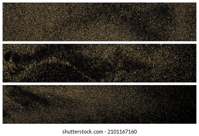 Set Of Gold Glitter Halftone Dotted Backdrop. Abstract Circular Retro Pattern. Pop Art Style Background. Golden Explosion Of Confetti. Wide Horizontal Long Banner. Vector Illustration, Eps 10.  