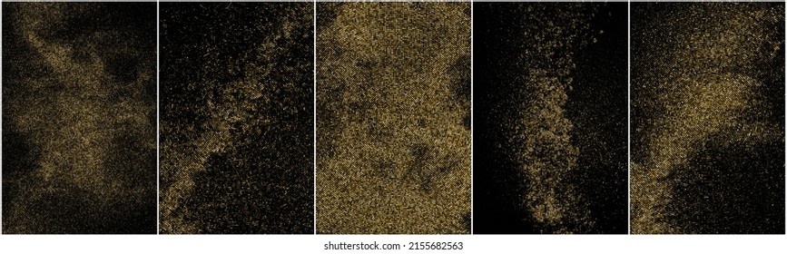 Set of Gold Glitter Halftone Dotted Backdrop. Abstract Circular Retro Pattern. Pop Art Style Background. Golden Explosion of Confetti. Digitally Generated Image. Vector Illustration, EPS 10.  