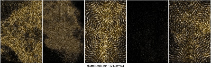 Set of Gold Glitter Halftone Dotted Backdrop. Abstract Circular Retro Pattern. Pop Art Style Background. Golden Explosion of Confetti. Digitally Generated Image. Vector Illustration, EPS 10.  