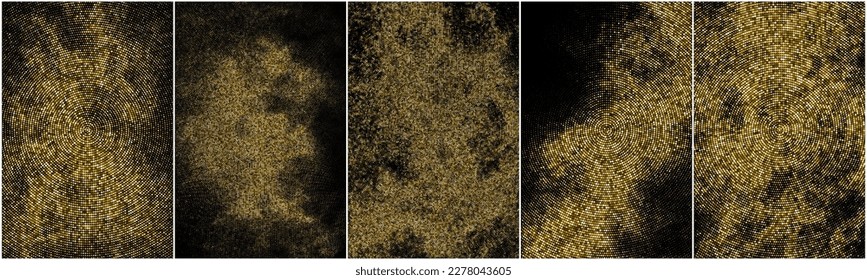 Set of Gold Glitter Halftone Dotted Backdrop. Abstract Circular Retro Pattern. Pop Art Style Background. Golden Explosion of Confetti. Digitally Generated Image. Vector Illustration, EPS 10.  