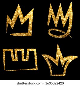 Set gold glitter hand drawn crown. Sign king, queen, princess. Vector illustration.