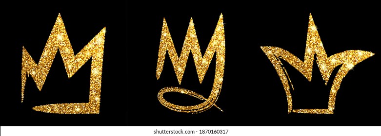 Set gold glitter hand drawn crown. Sign king, queen, princess. Vector illustration.