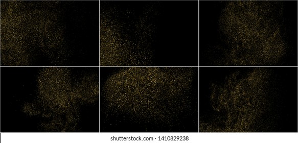 Set Of Gold Glitter Texture Isolated On Black. Amber Particles Color. Celebratory Background. Golden Explosion Of Confetti. Digitally Generated Image. Vector Illustration, Eps 10.