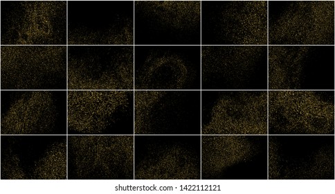 Set of Gold Glitter Texture Isolated on Black. Amber Particles Color. Celebratory Background. Golden Explosion of Confetti. Digitally Generated Image. Vector Illustration, EPS 10.
