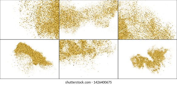 Set of Gold Glitter Texture Isolated on White. Golden Explosion of Confetti. Amber Particles Color. Celebratory Background. Vector Illustration, EPS 10.