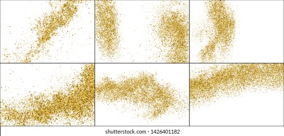 Set of Gold Glitter Texture Isolated on White. Golden Explosion of Confetti. Amber Particles Color. Celebratory Background. Vector Illustration, EPS 10.