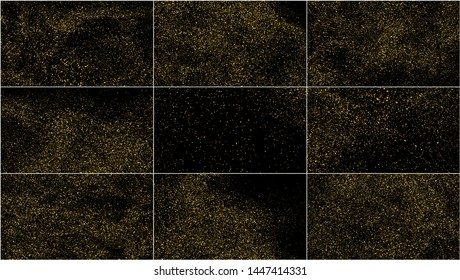 Set of Gold Glitter Texture Isolated on Black. Amber Particles Color. Celebratory Background. Golden Explosion of Confetti. Widescreen 16 : 9. Vector Illustration, EPS 10.  