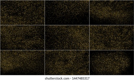 Set of Gold Glitter Texture Isolated on Black. Amber Particles Color. Celebratory Background. Golden Explosion of Confetti. Widescreen 16 : 9. Vector Illustration, EPS 10.  