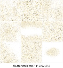 Set of Gold Glitter Texture Isolated On White. Amber Particles Color. Celebratory Background. Golden Explosion of Confetti. Digitally Generated Image. Vector Illustration, EPS 10.
