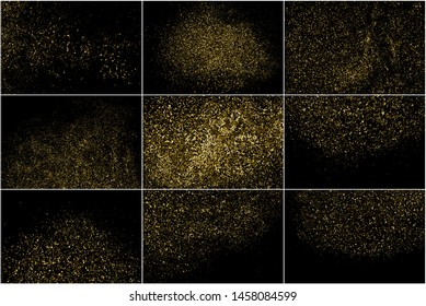 Set of Gold Glitter Texture Isolated on Black. Amber Particles Color. Celebratory Background. Golden Explosion of Confetti. Digitally Generated Image. Vector Illustration, EPS 10.