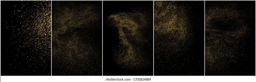 Set of Gold Glitter Texture Isolated on Black Background. Golden stardust. Amber Particles Color. Sparkles Rain. Vector Illustration, Eps 10.