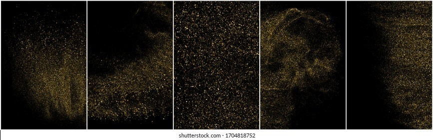 Set of Gold Glitter Texture Isolated on Black Background. Golden stardust. Amber Particles Color. Sparkles Rain. Vector Illustration, Eps 10.