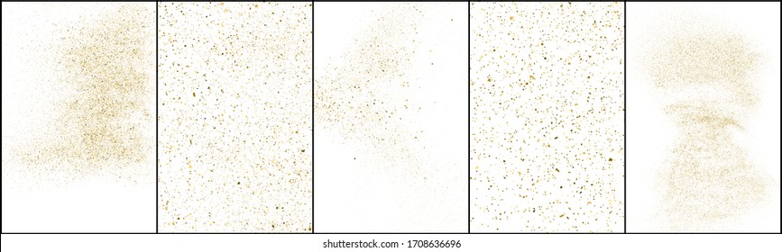 Set Of Gold Glitter Texture Isolated On White Background. Golden Stardust. Amber Particles Color. Sparkles Rain. Vector Illustration, Eps 10.