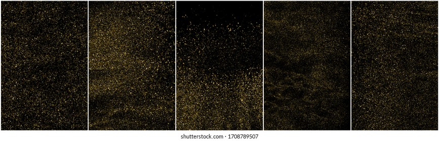 Conjunto de textura de brillo de oro aislada en fondo negro. El polvo de oro. Color de partículas ámbar. Lluvia de espárragos. Ilustración Del Vector, Eps 10.