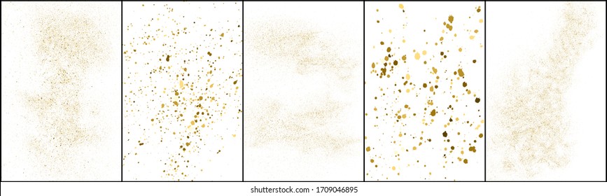 Conjunto de textura de barniz de oro aislada en fondo blanco. El polvo de oro. Color de partículas ámbar. Lluvia de espárragos. Ilustración Del Vector, Eps 10.