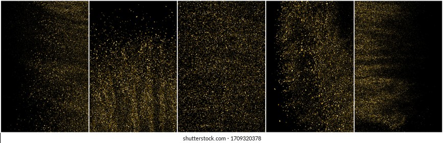 Conjunto de textura de brillo de oro aislada en fondo negro. El polvo de oro. Color de partículas ámbar. Lluvia de espárragos. Ilustración Del Vector, Eps 10.