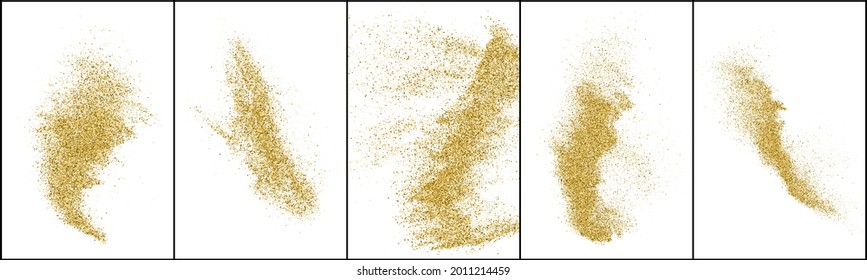 Conjunto de textura de brillo de oro aislada en blanco. Secuencias de color ámbar. Antecedentes de confianza. Explosión Dorada De Confetti. Ilustración De Vectores, Eps 10.