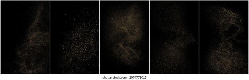 Conjunto de textura de brillo de oro aislada en fondo negro. Grano de oro. Color de las partículas ámbar. Lluvia de espárragos. Ilustración De Vectores, Eps 10.