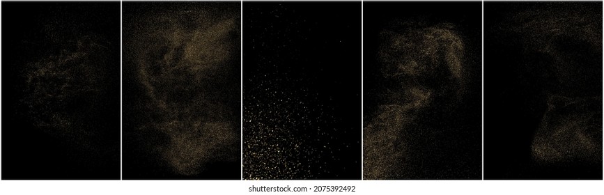 Conjunto de textura de brillo de oro aislada en fondo negro. Grano de oro. Color de las partículas ámbar. Lluvia de espárragos. Ilustración De Vectores, Eps 10.