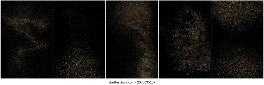 Conjunto de textura de brillo de oro aislada en fondo negro. Grano de oro. Color de las partículas ámbar. Lluvia de espárragos. Ilustración De Vectores, Eps 10.