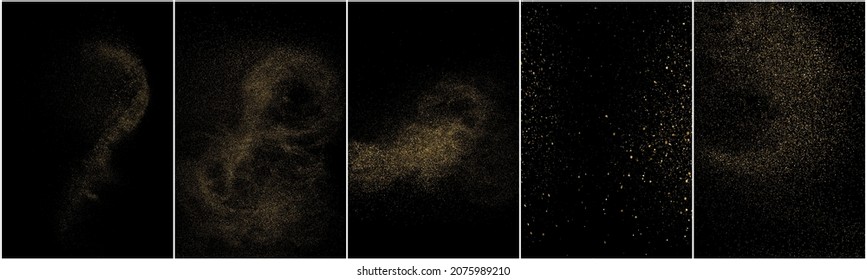 Conjunto de textura de brillo de oro aislada en fondo negro. Grano de oro. Color de las partículas ámbar. Lluvia de espárragos. Ilustración De Vectores, Eps 10.
