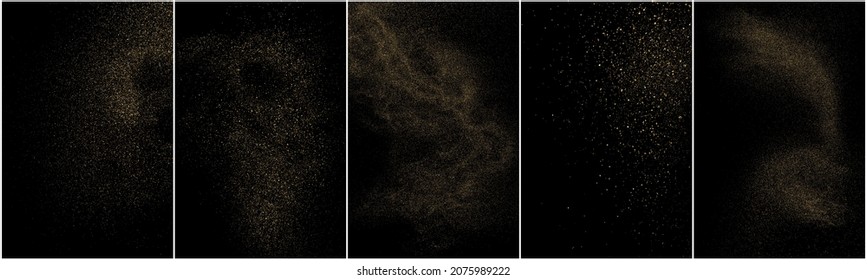 Set of Gold Glitter Texture Isolated on Black Background. Golden stardust. Amber Particles Color. Sparkles Rain. Vector Illustration, Eps 10.
