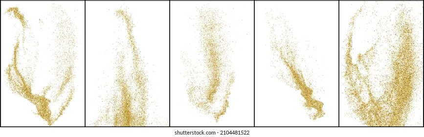 Conjunto de textura de brillo de oro aislada en blanco. Color de las partículas ámbar. Antecedentes de confianza. Explosión Dorada De Confetti. Ilustración De Vectores, Eps 10.