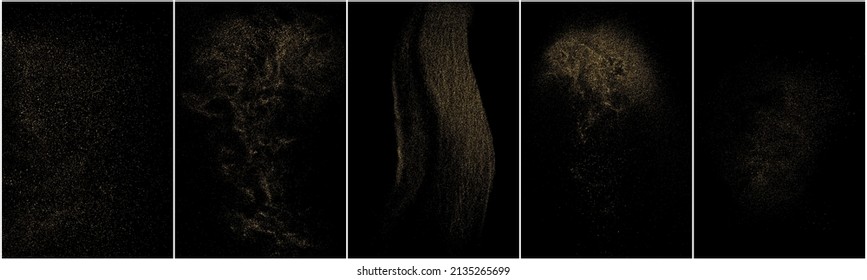 Conjunto de textura de brillo de oro aislada en fondo negro. Grano de oro. Color de las partículas ámbar. Lluvia de espárragos. Ilustración De Vectores, Eps 10.