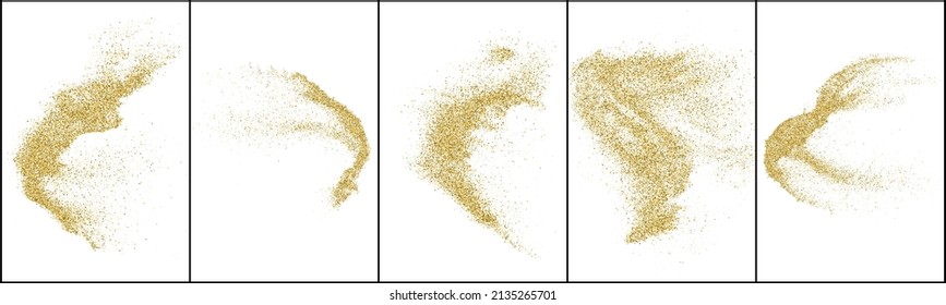 Conjunto de textura de brillo de oro aislada en blanco. Color de las partículas ámbar. Antecedentes de confianza. Explosión Dorada De Confetti. Ilustración De Vectores, Eps 10.
