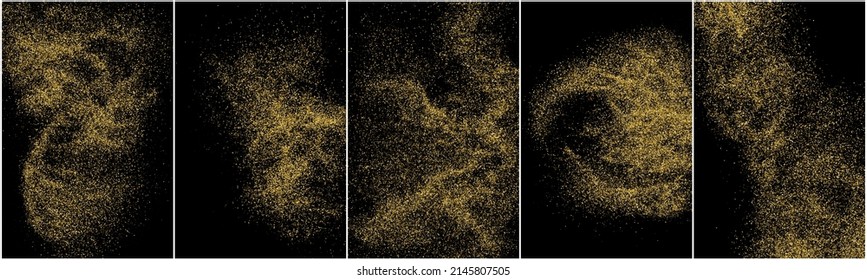 Set of Gold Glitter Texture Isolated On Black. Amber Particles Color. Stardust Background. Golden Explosion Of Confetti. Vector Illustration, Eps 10.