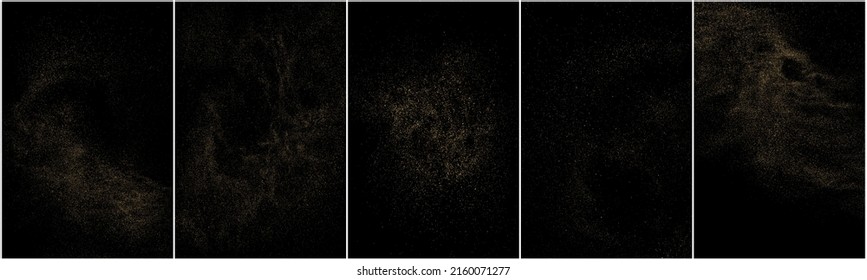 Conjunto de textura de brillo de oro aislada en fondo negro. Grano de oro. Color de las partículas ámbar. Lluvia de espárragos. Ilustración De Vectores, Eps 10.