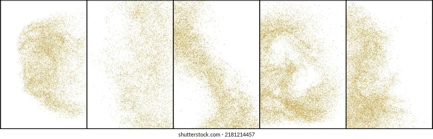 Conjunto de textura de brillo de oro aislada en blanco. Color de las partículas ámbar. Antecedentes de confianza. Explosión Dorada De Confetti. Ilustración De Vectores, Eps 10.