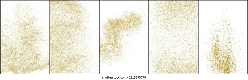 Set von Gold Glitter Textur einzeln auf Weiß. Farbe der gelben Partikel. rosafarbener Hintergrund. Goldene Explosion von Confetti. Vektorgrafik, EPS10.