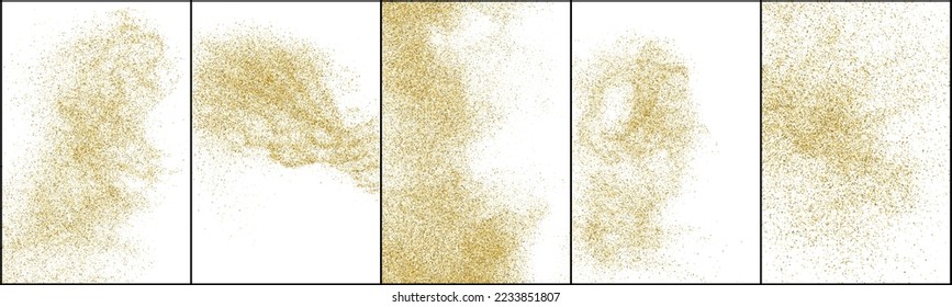 Conjunto de textura de brillo de oro aislada en blanco. Color de las partículas ámbar. Antecedentes de confianza. Explosión Dorada De Confetti. Ilustración De Vectores, Eps 10.