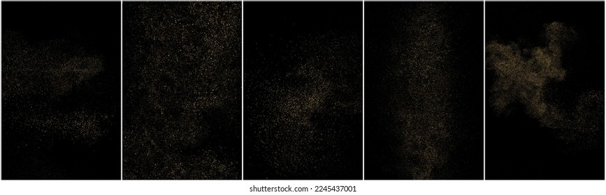 Conjunto de textura de brillo de oro aislada en fondo negro. Grano de oro. Color de las partículas ámbar. Lluvia de espárragos. Ilustración De Vectores, Eps 10.