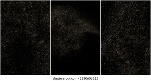 Conjunto de textura de brillo de oro aislada en fondo negro. Grano de oro. Color de las partículas ámbar. Lluvia de espárragos. Ilustración De Vectores, Eps 10.
