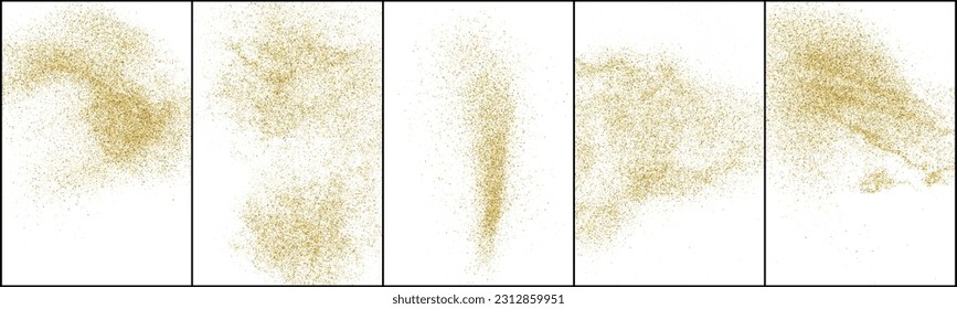 Conjunto de textura de brillo de oro aislada en blanco. Color de las partículas ámbar. Antecedentes de confianza. Explosión Dorada De Confetti. Ilustración De Vectores, Eps 10.