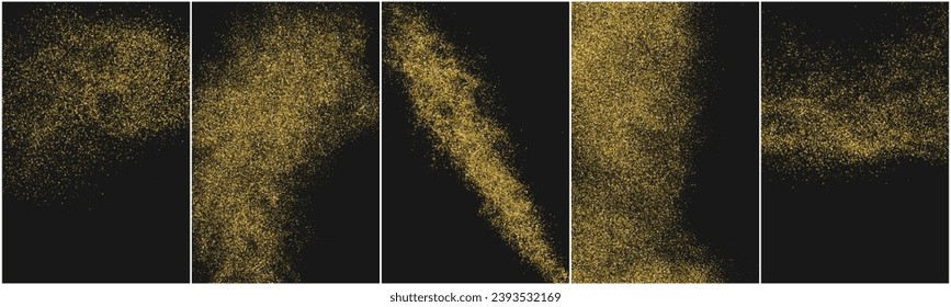 Set von Gold Glitter Textur einzeln auf Schwarz. Farbe der gelben Partikel. rosafarbener Hintergrund. Goldene Explosion von Confetti. Vektorgrafik, EPS10.