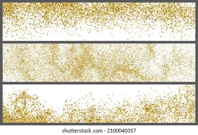 Set von Gold Glitter Textur auf Weiß. Horizontales, langes Banner für Website. Panoramablick auf den keltischen Hintergrund. Goldene Explosion von Confetti. Vektorgrafik, EPS10.