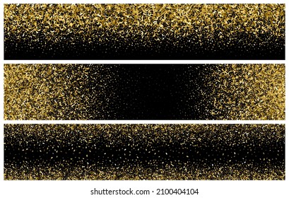 Set von Gold Glitter Textur auf Schwarz. Horizontales, langes Banner für Website. Panoramablick auf den keltischen Hintergrund. Goldene Explosion von Confetti. Vektorgrafik, EPS10.