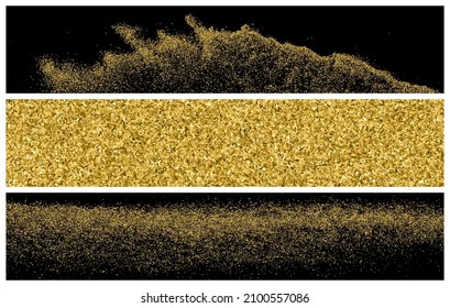 Set Of Gold Glitter Texture On Black. Horizontal Long Banner For Site. Panoramic Celebratory Background. Golden Explosion Of Confetti. Vector Illustration, Eps 10.