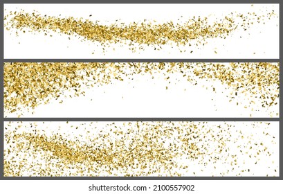 Set Of Gold Glitter Texture On White. Horizontal Long Banner For Site. Panoramic Celebratory Background. Golden Explosion Of Confetti. Vector Illustration, Eps 10.