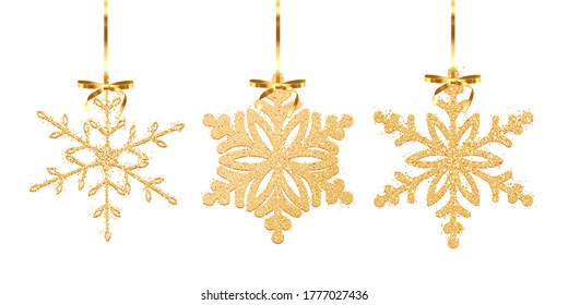 Conjunto de copos de nieve con textura brillante de oro aislados sobre fondo blanco. Ilustración del vector