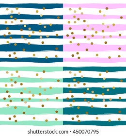 Set Of Gold Glittering Confetti Seamless Pattern on Striped Background for Kids Party Invitations